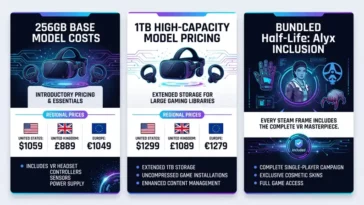 A clean, modern tech infographic illustrating the regional pricing structures for the 256GB and 1TB Steam Frame VR headset models across the US, UK, and Europe with wide negative space framing.