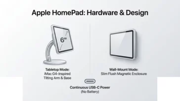 An infographic illustrating the hardware design of Apple's HomePad smart hub, showing both the iMac G4-style countertop stand and the flush wall-mounted option with USB-C power.