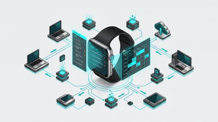 3D isometric infographic of a sleek Huawei smartwatch projecting a holographic calendar and to-do list, connected to a digital ecosystem via floating tech nodes.