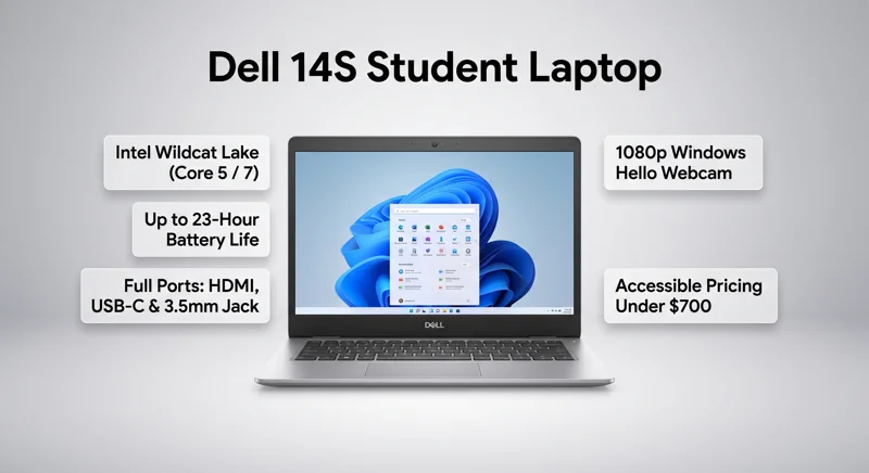 Infographic highlighting key specs of the Dell 14S laptop, including Intel Wildcat Lake chips, 23-hour battery life, and full port selection.