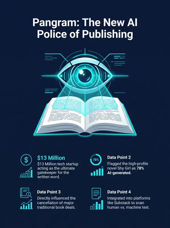Infographic illustrating how Pangram AI detection software impacts the publishing industry and flags machine-generated books.