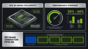 Infographic showing Nvidia DLSS 5 hardware requirements for RTX 50-series GPUs, 50 to 60 percent performance hit, and 6x frame generation technology.