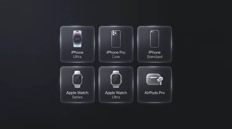 Grid infographic detailing the six upcoming Apple devices including the iPhone Ultra, Apple Watch Ultra, and AirPods Pro.