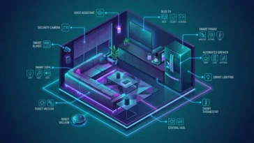 3D isometric infographic illustration of a futuristic indoor smart home ecosystem featuring an ultra-thin OLED TV, ambient lighting, an automated beverage brewer, and an AI refrigerator connected by glowing network lines.