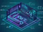 3D isometric infographic illustration of a futuristic indoor smart home ecosystem featuring an ultra-thin OLED TV, ambient lighting, an automated beverage brewer, and an AI refrigerator connected by glowing network lines.