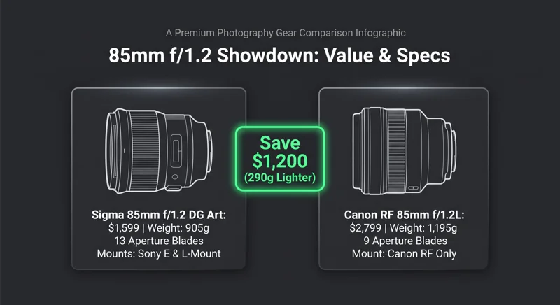Infographic comparing the $1,599 Sigma 85mm f/1.2 DG Art against the $2,799 Canon RF 85mm f/1.2L, highlighting weight and price differences.