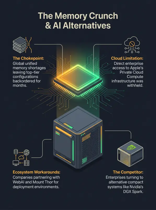 Infographic detailing the global memory shortage impacting Apple Mac Studio availability and the rise of competitor alternatives like the Nvidia DGX Spark.