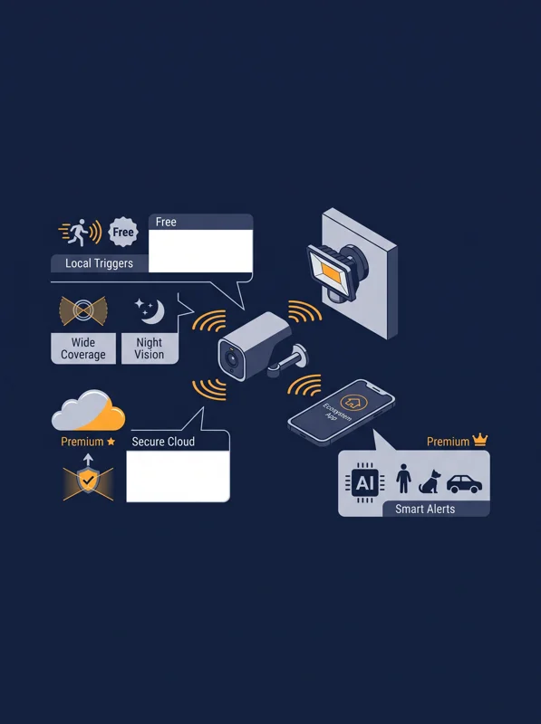 Infographic illustrating the Shelly security camera's smart home automations, ecosystem integration, and optional premium AI features.
