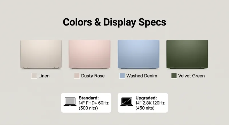 Infographic showing the four matte aluminum finishes of the Dell 14S—Linen, Dusty Rose, Washed Denim, and Velvet Green—along with standard and upgraded display configurations.