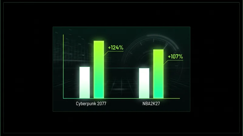 Bar chart infographic displaying up to 124 percent frame rate increases in Cyberpunk 2077 and NBA2K27 using a dual GPU DLSS 5 setup.