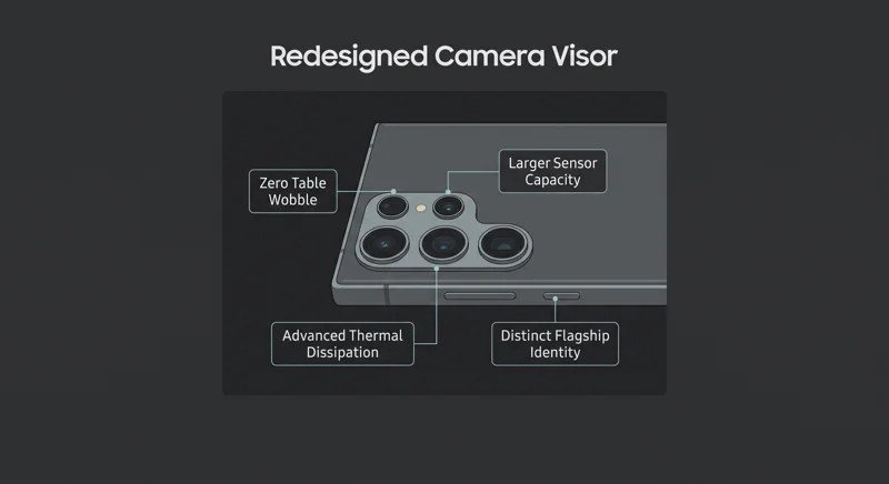 Infographic detailing the key engineering benefits of the Galaxy S27 Ultra and Pro horizontal camera visor, including improved table stability and larger sensor capacity.