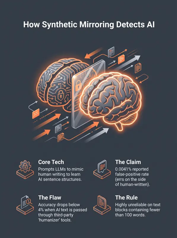 Infographic explaining Pangram's synthetic mirroring technology and its detection vulnerabilities against AI humanizer tools.