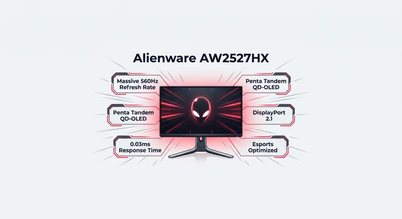 Infographic showing the specifications of the Alienware AW2527HX esports monitor, featuring a massive 560Hz QD-OLED panel and 0.03ms response time.