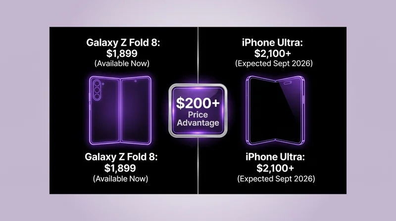Comparison infographic showing the Galaxy Z Fold 8 starting price at $1,899 versus the rumored iPhone Ultra foldable starting above $2,100.