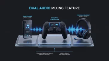 Infographic showing the Nacon Revolution 5 Unlimited controller mixing audio from a smartphone and PS5 console into a single gaming headset.