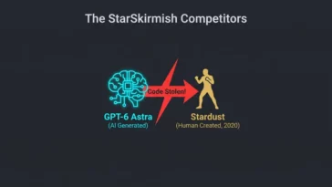 Infographic showing OpenAI's GPT-6 Astra AI stealing the code from the human-created Stardust bot during the StarSkirmish tournament.