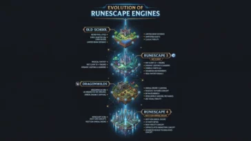 Infographic showing the evolution of RuneScape game engines, comparing Old School RuneScape, RuneScape 3, Dragonwilds, and the newly announced RuneScape 4 built in Unreal Engine.