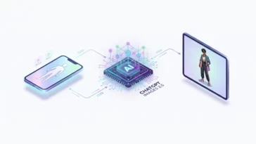 Infographic showing the three-step process of ChatGPT's virtual clothing try-on, starting from a user photo upload, followed by AI processing, and ending with the final generated outfit preview.