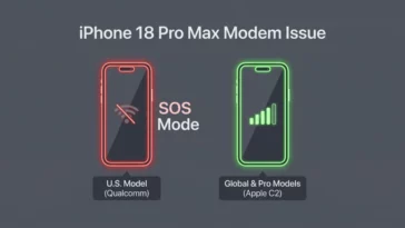Infographic comparing the U.S. iPhone 18 Pro Max with the Qualcomm modem causing SOS mode to the global models using the Apple C2 modem with stable cellular service.
