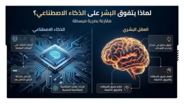 إنفوجرافيك تقني يقارن بين التفوق الإبداعي والإدراكي للعقل البشري مقابل القدرات الحالية لنماذج الذكاء الاصطناعي التي لم تصل لمرحلة النضج الكامل بعد.