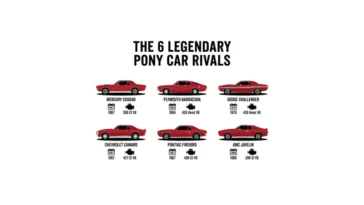 Infographic displaying the silhouettes and launch years of six classic pony cars that rivaled the Ford Mustang, including the Chevrolet Camaro, Dodge Challenger, and Plymouth Barracuda.